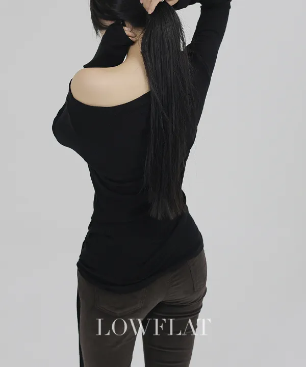 ストラップワンショルダーアンバランスネックシャーリングスリム長袖無地Tシャツ | LowFlat | 詳細画像3