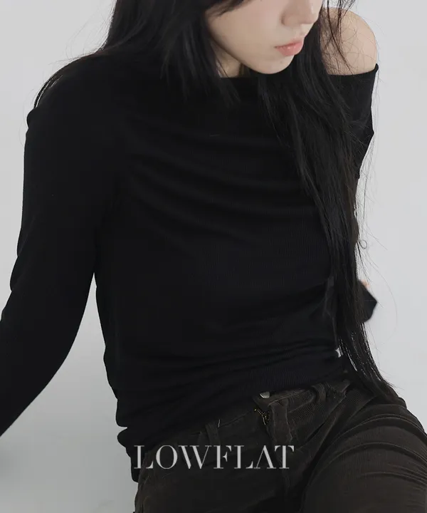 ストラップワンショルダーアンバランスネックシャーリングスリム長袖無地Tシャツ | LowFlat | 詳細画像4