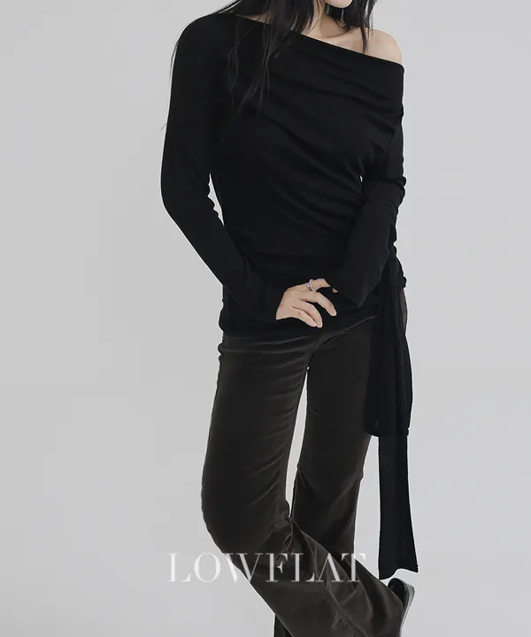 ストラップワンショルダーアンバランスネックシャーリングスリム長袖無地Tシャツ | LowFlat | 詳細画像5