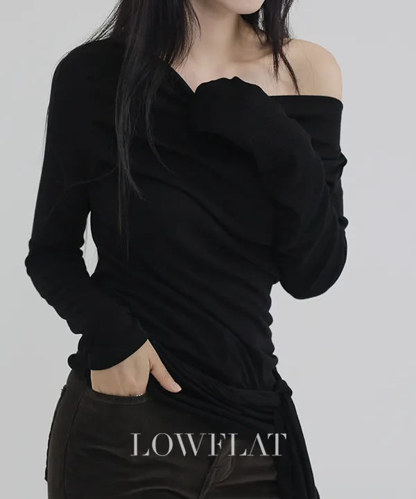 ストラップワンショルダーアンバランスネックシャーリングスリム長袖無地Tシャツ | LowFlat | 詳細画像6