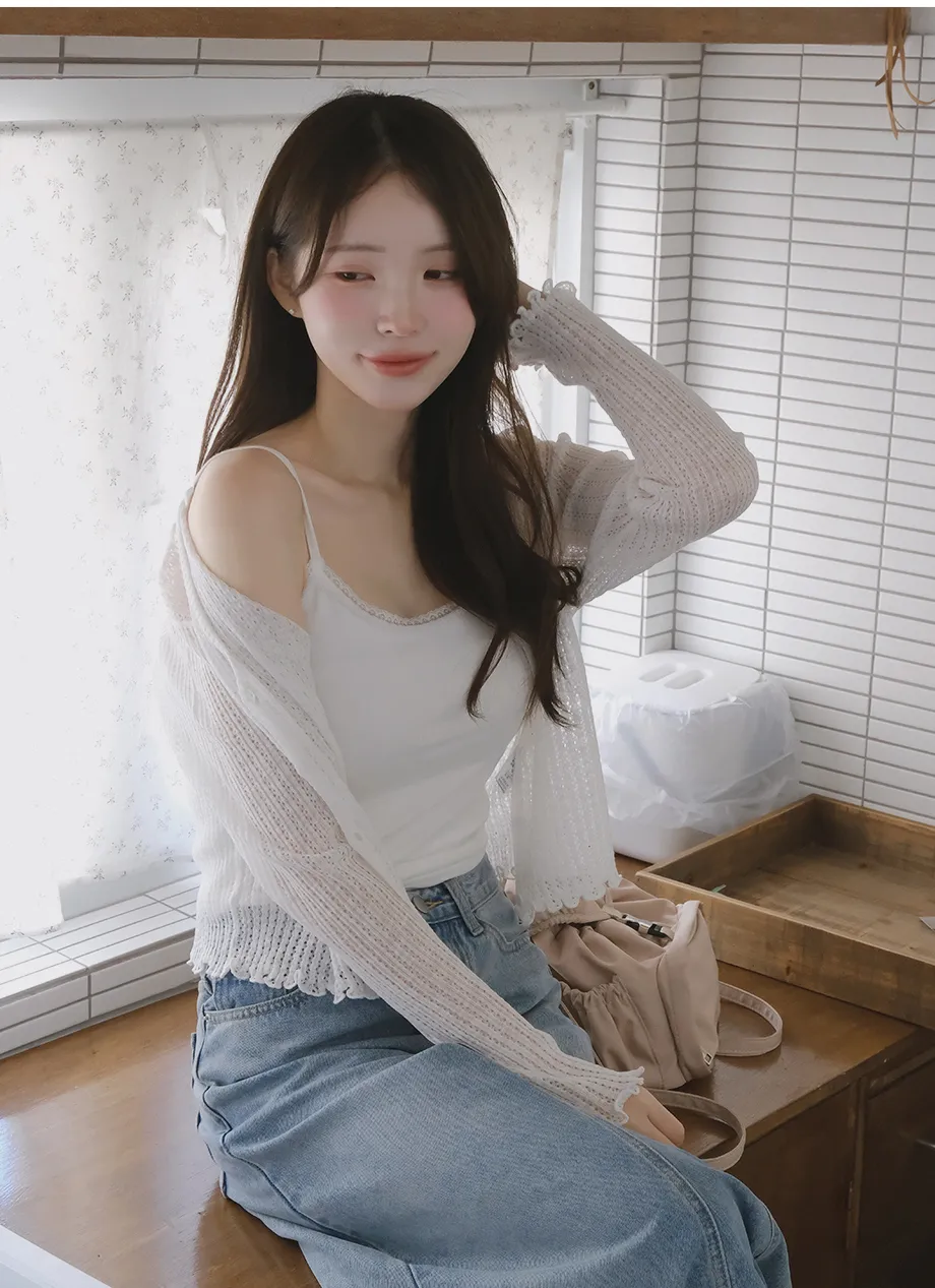ニットシースルーVネック長袖ベーシックボタンフリルカーディガン | ririnco | 詳細画像1