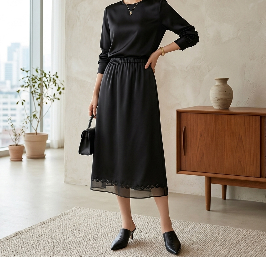 サテンパンチングスリットウエストゴムミディスカート | 詳細画像6