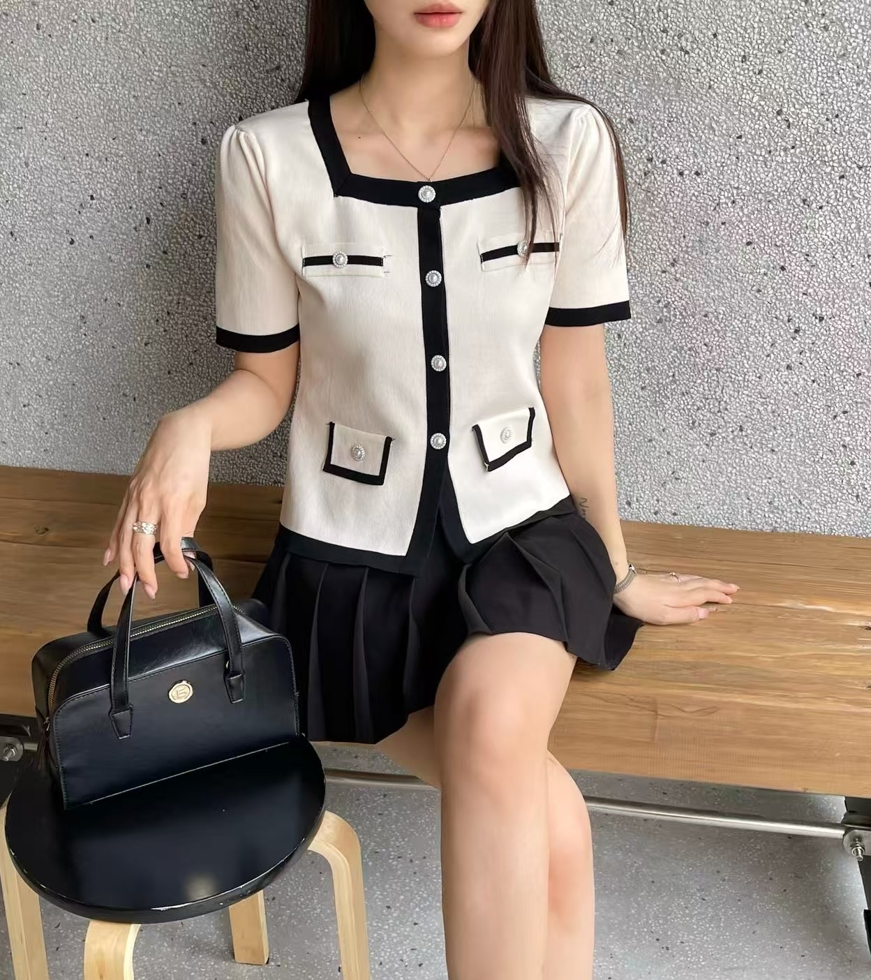 ボタンスクエアネック半袖フェイクポケット配色カーディガン | 詳細画像3