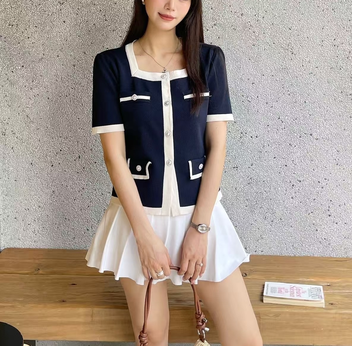 ボタンスクエアネック半袖フェイクポケット配色カーディガン | 詳細画像2