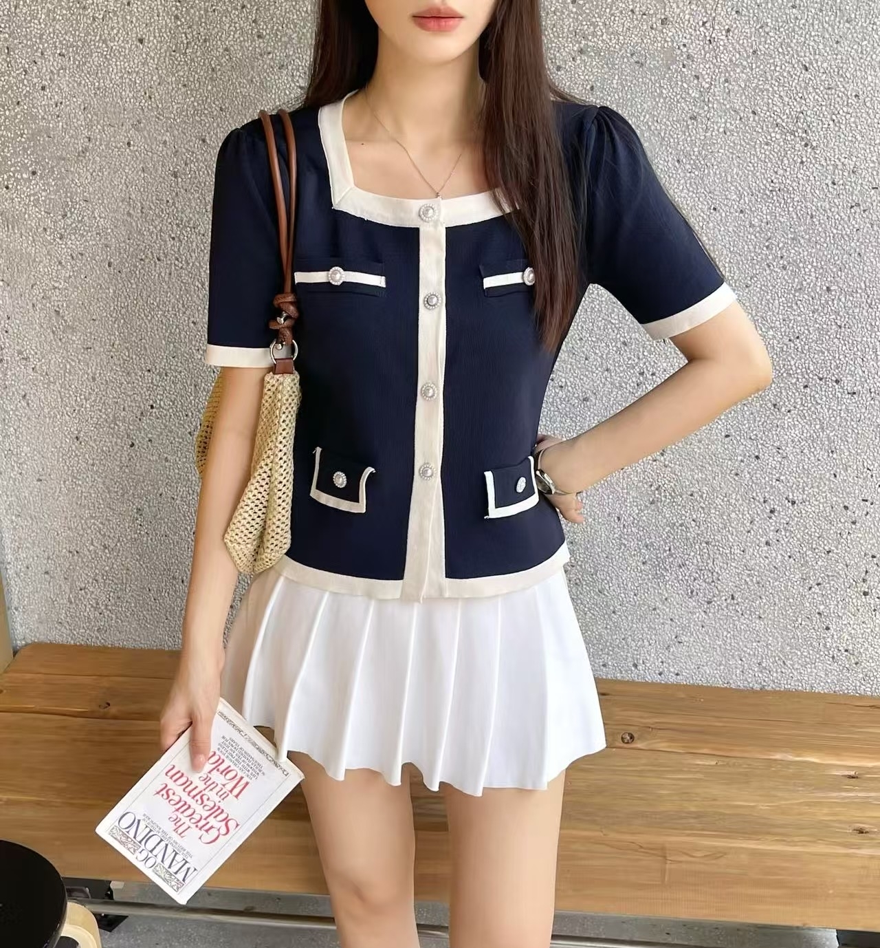 ボタンスクエアネック半袖フェイクポケット配色カーディガン | 詳細画像5