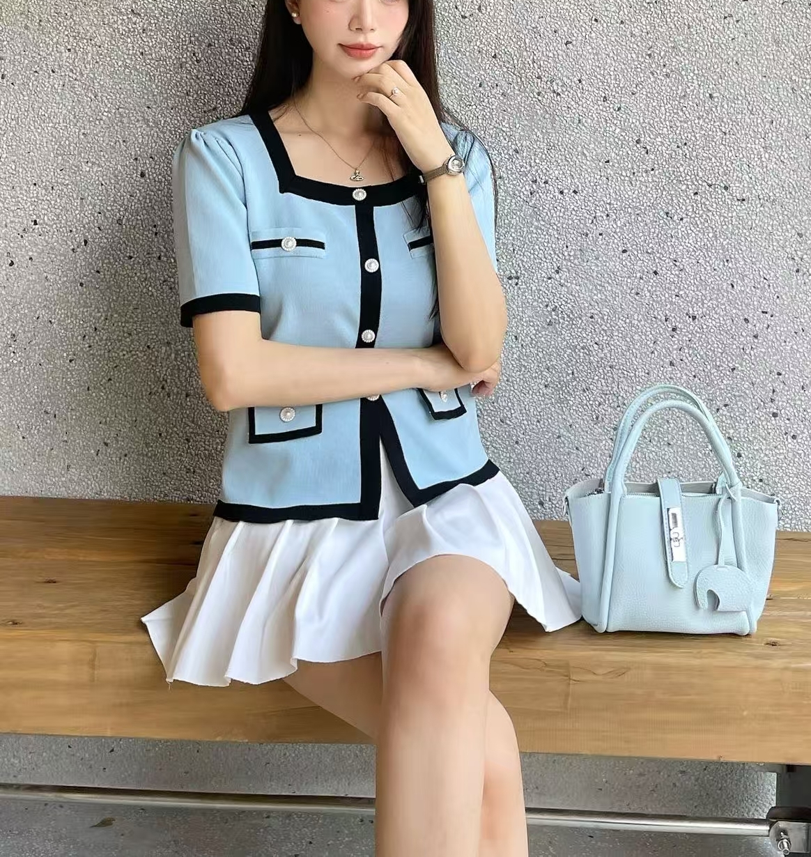 ボタンスクエアネック半袖フェイクポケット配色カーディガン | 詳細画像7