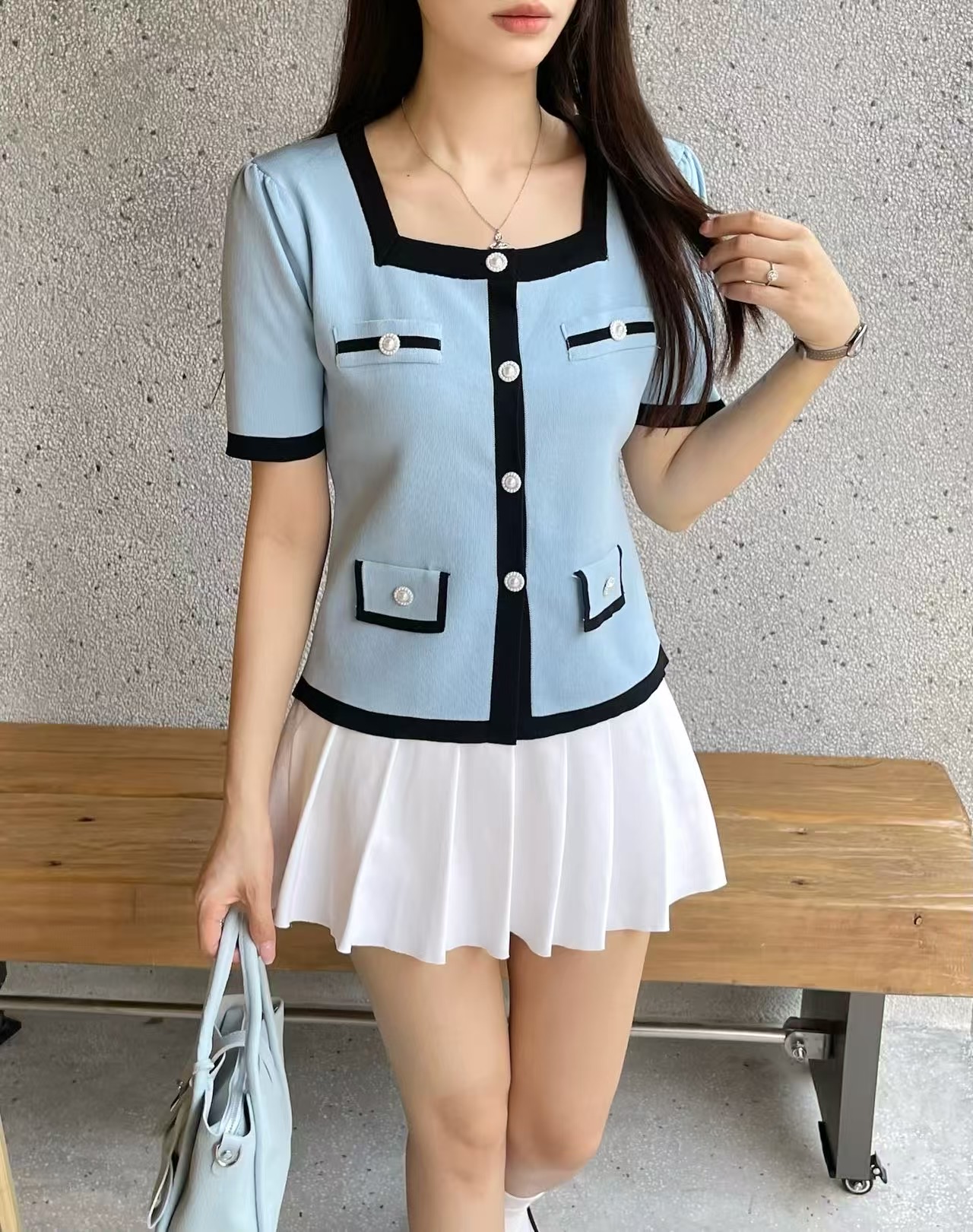 ボタンスクエアネック半袖フェイクポケット配色カーディガン | 詳細画像4