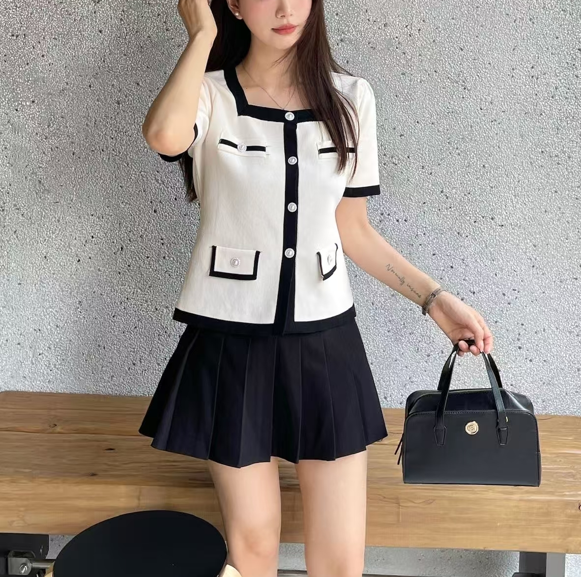 ボタンスクエアネック半袖フェイクポケット配色カーディガン | 詳細画像6