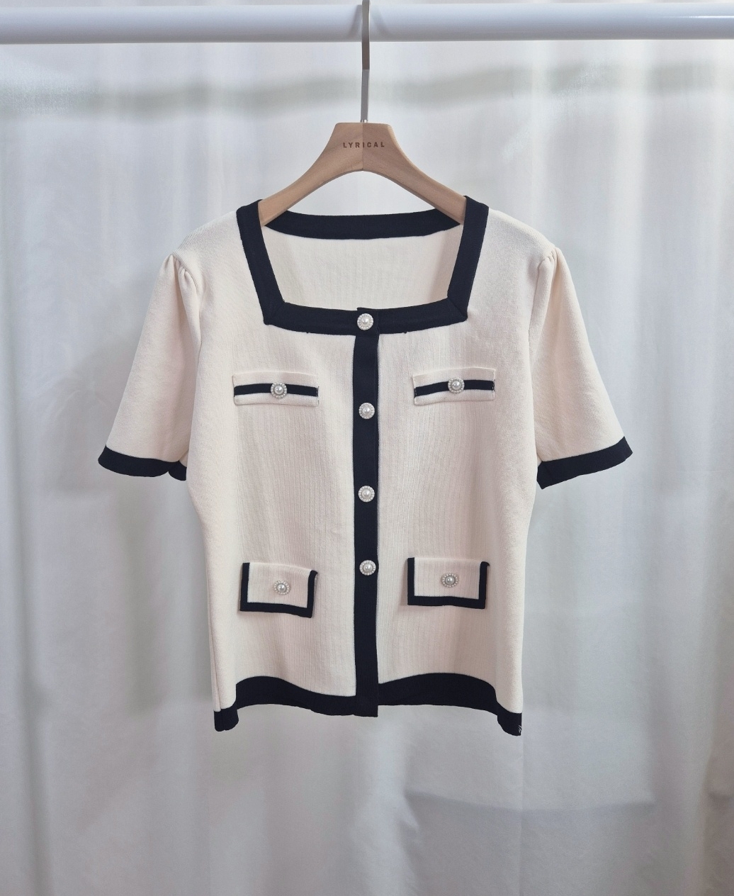 ボタンスクエアネック半袖フェイクポケット配色カーディガン | 詳細画像9