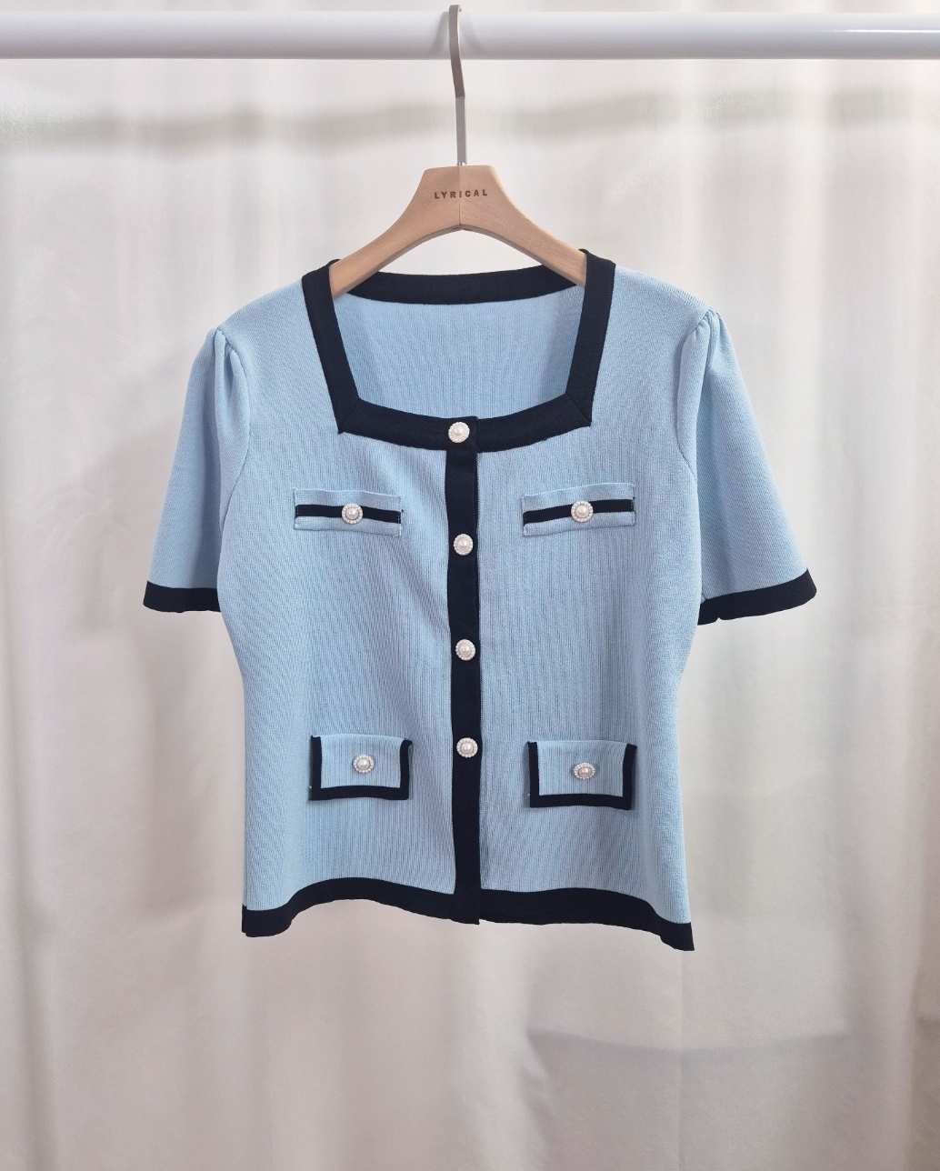 ボタンスクエアネック半袖フェイクポケット配色カーディガン | 詳細画像11