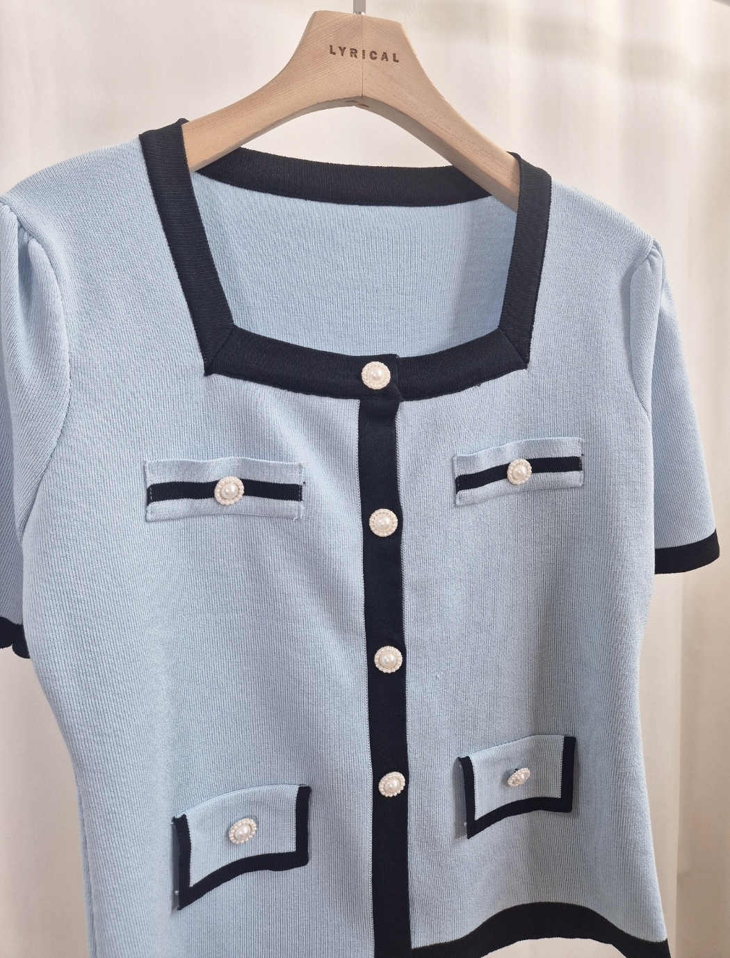 ボタンスクエアネック半袖フェイクポケット配色カーディガン | 詳細画像12