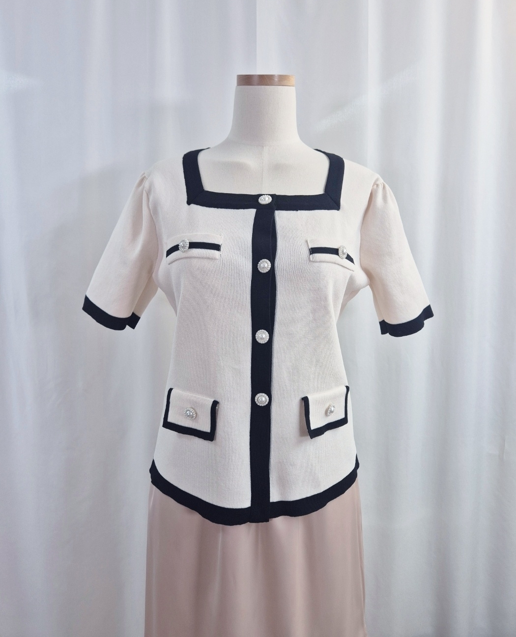 ボタンスクエアネック半袖フェイクポケット配色カーディガン | 詳細画像13