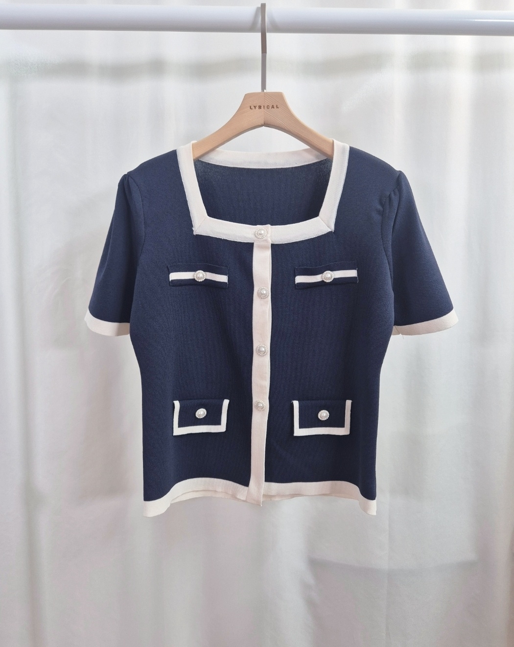 ボタンスクエアネック半袖フェイクポケット配色カーディガン | 詳細画像10