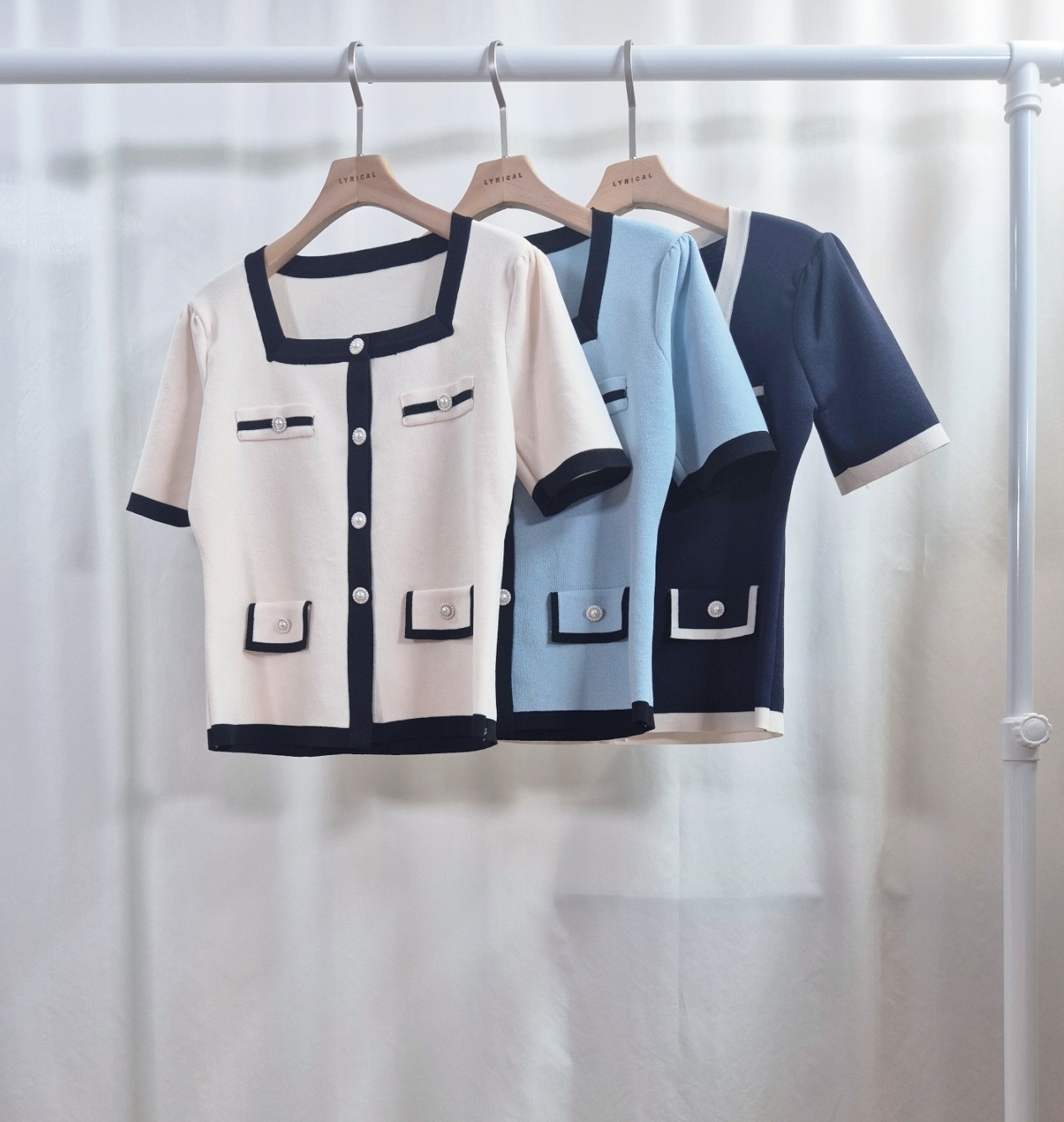 ボタンスクエアネック半袖フェイクポケット配色カーディガン | 詳細画像8