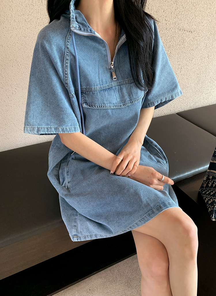 デニムHライン半袖フードルーズハーフジップポケットワンピース