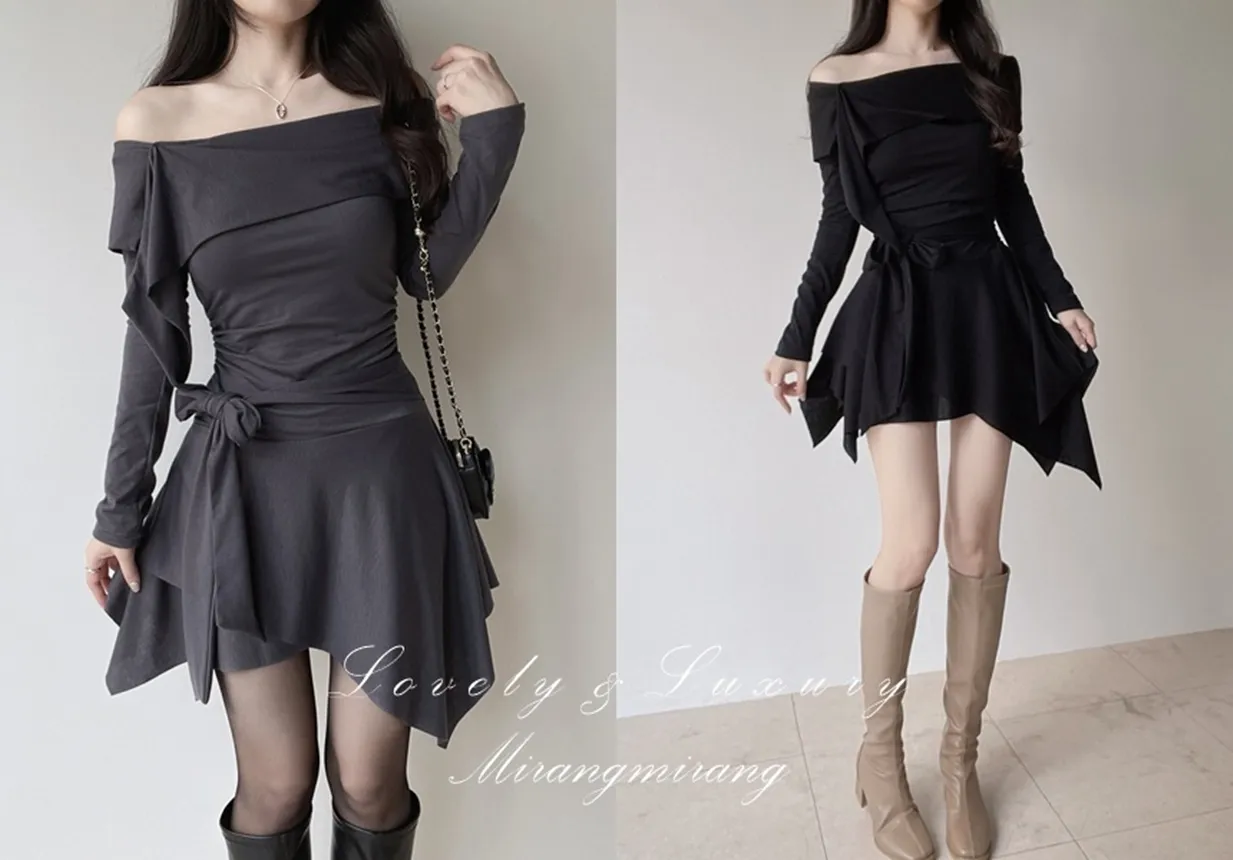 アンバランスシャーリング長袖オフショルダーストラップワンピース | mirangmirang | 詳細画像1