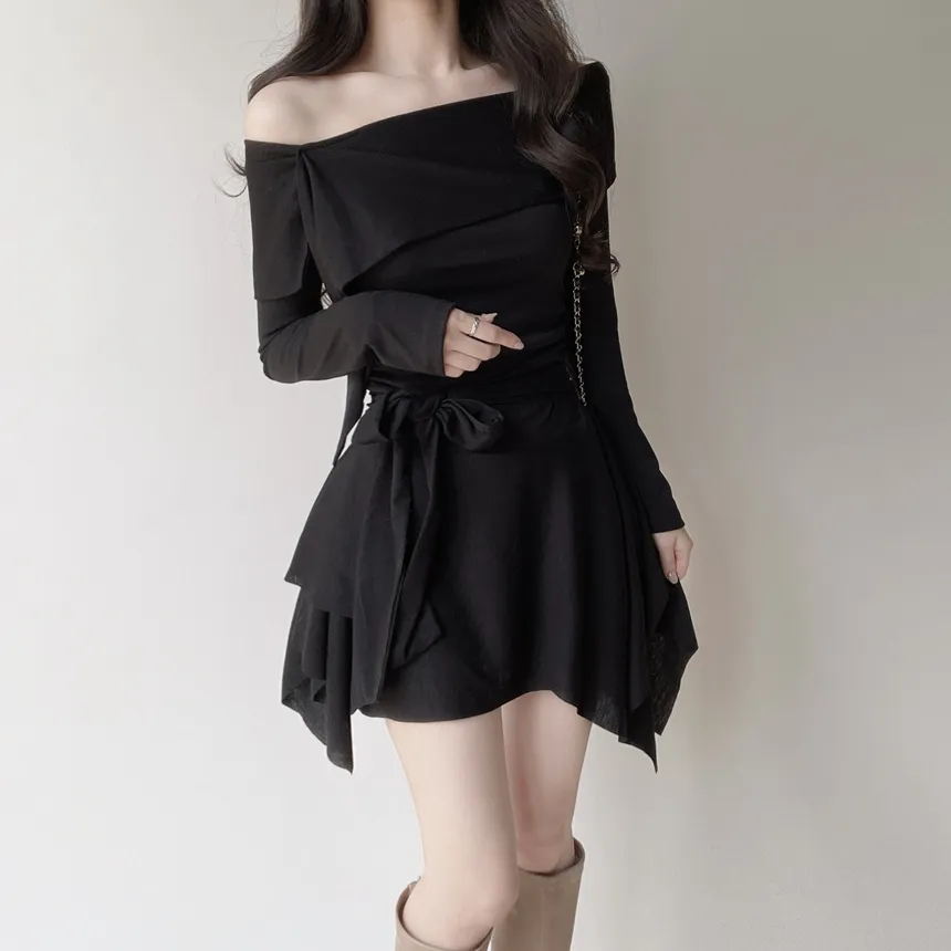 アンバランスシャーリング長袖オフショルダーストラップワンピース | mirangmirang | 詳細画像16