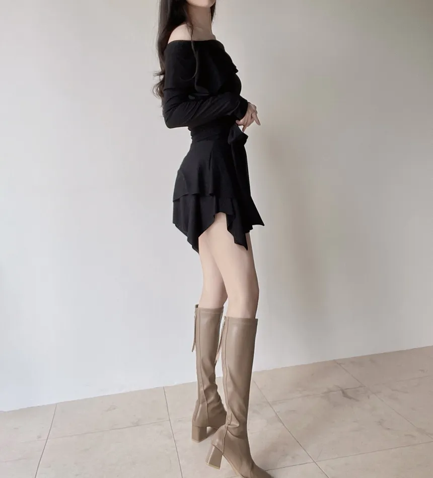 アンバランスシャーリング長袖オフショルダーストラップワンピース | mirangmirang | 詳細画像18