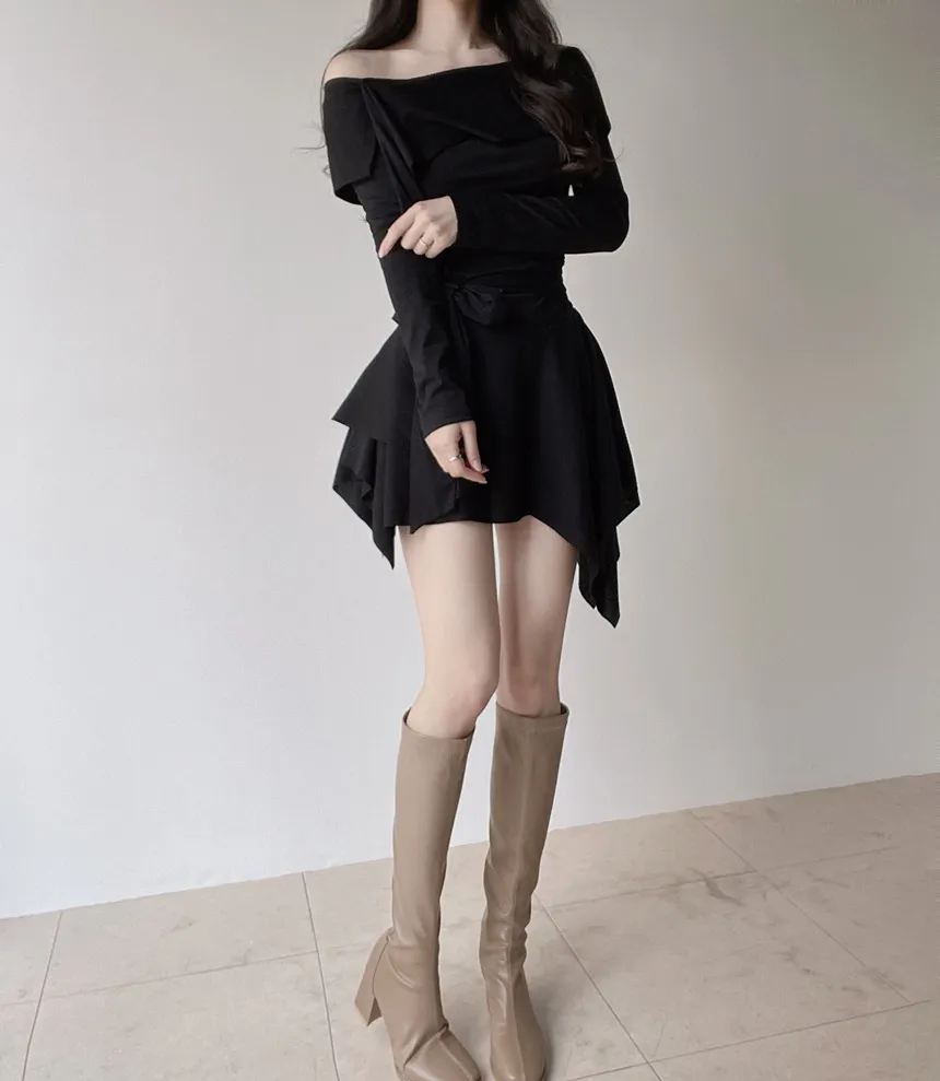 アンバランスシャーリング長袖オフショルダーストラップワンピース | mirangmirang | 詳細画像20