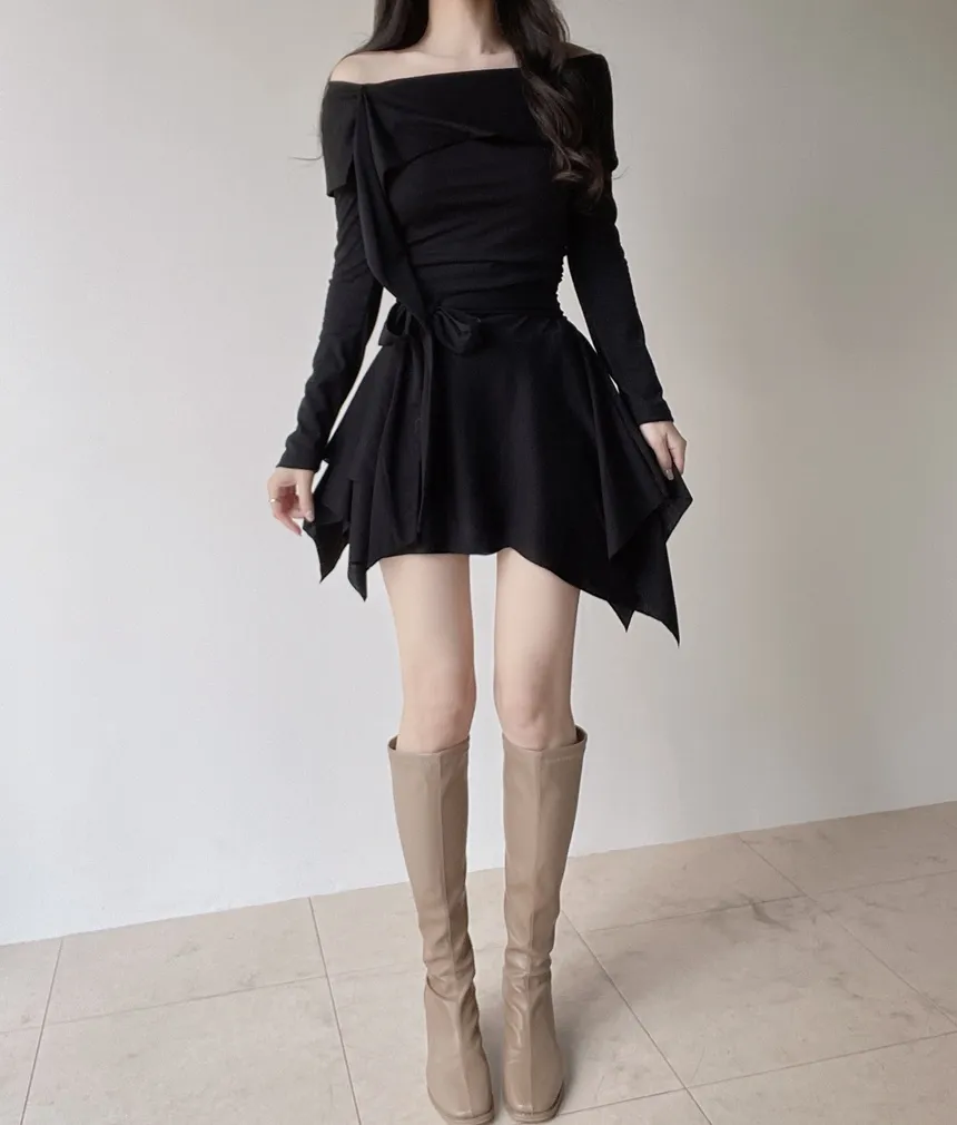 アンバランスシャーリング長袖オフショルダーストラップワンピース | mirangmirang | 詳細画像22