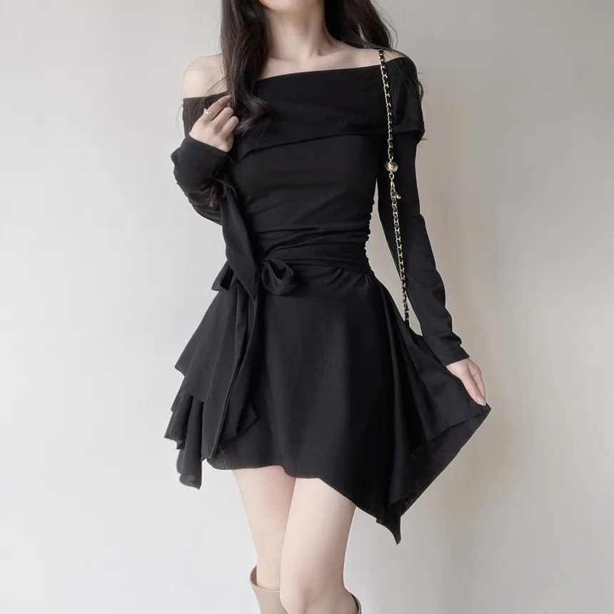 アンバランスシャーリング長袖オフショルダーストラップワンピース | mirangmirang | 詳細画像23