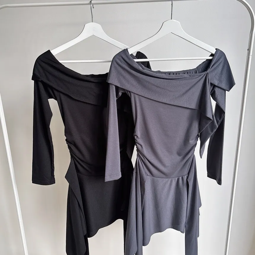 アンバランスシャーリング長袖オフショルダーストラップワンピース | mirangmirang | 詳細画像26