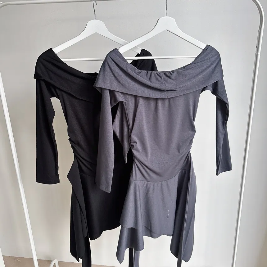 アンバランスシャーリング長袖オフショルダーストラップワンピース | mirangmirang | 詳細画像27