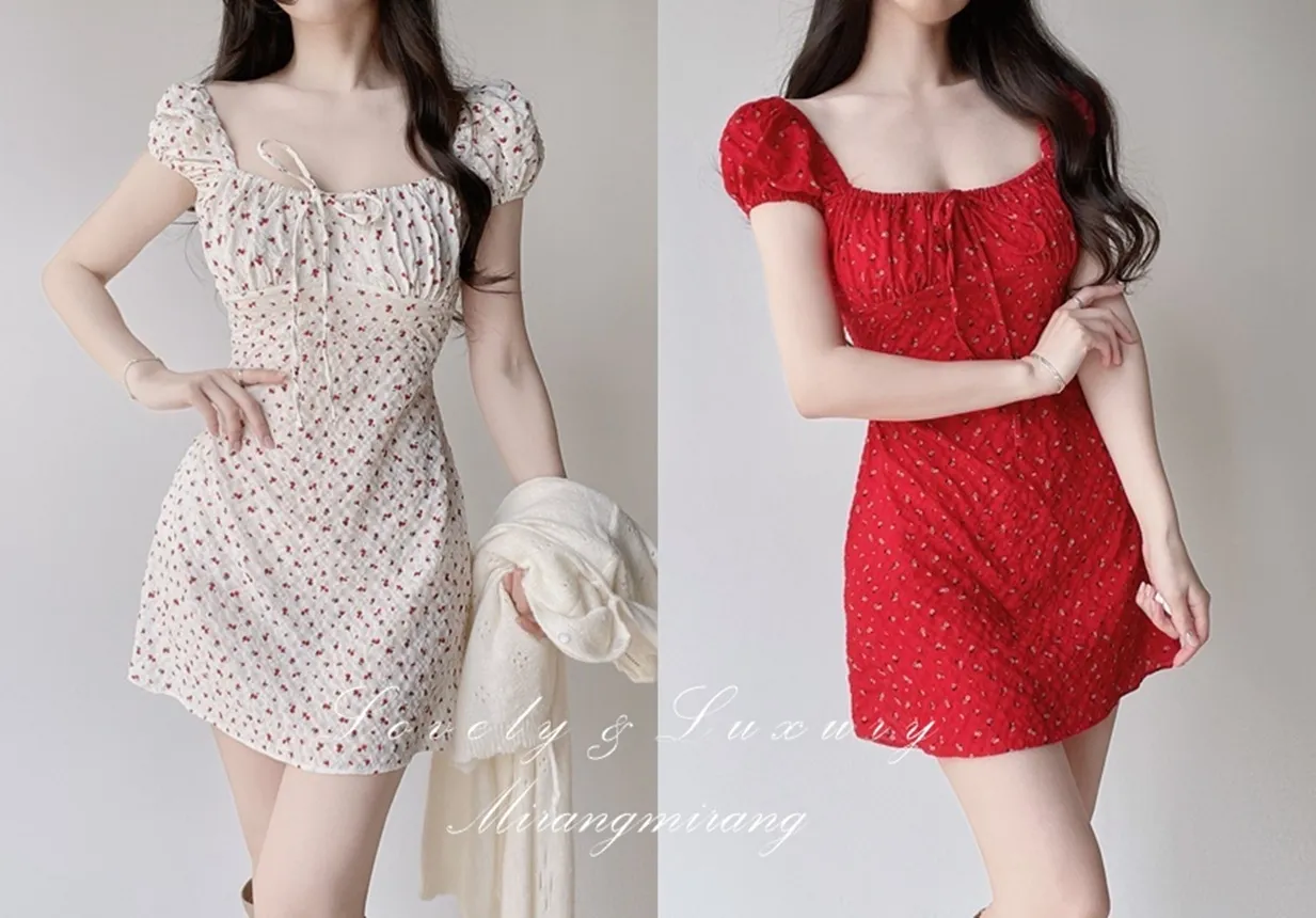 シャーリングパフスリーブ半袖ミニリボン小花柄ワンピース | mirangmirang | 詳細画像1