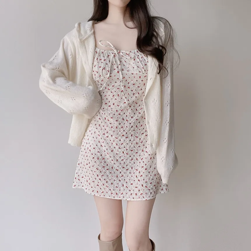 シャーリングパフスリーブ半袖ミニリボン小花柄ワンピース | mirangmirang | 詳細画像12