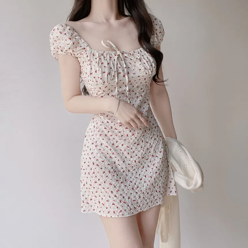 シャーリングパフスリーブ半袖ミニリボン小花柄ワンピース | mirangmirang | 詳細画像16