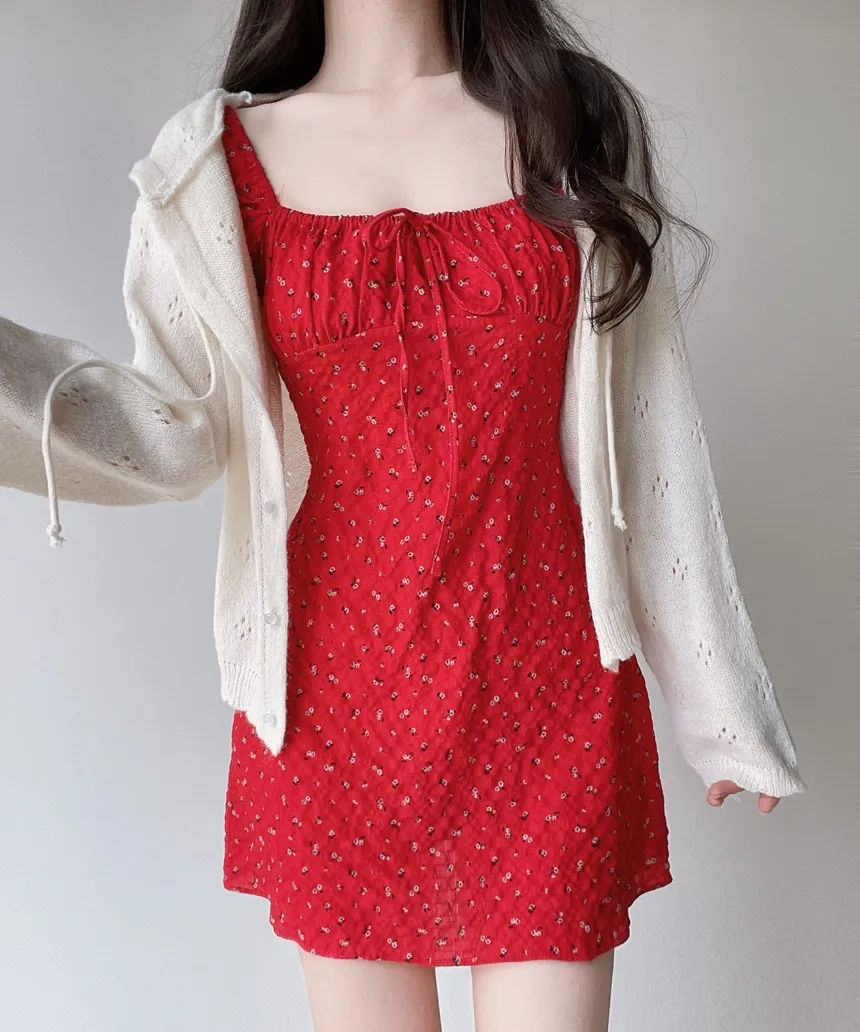 シャーリングパフスリーブ半袖ミニリボン小花柄ワンピース | mirangmirang | 詳細画像17