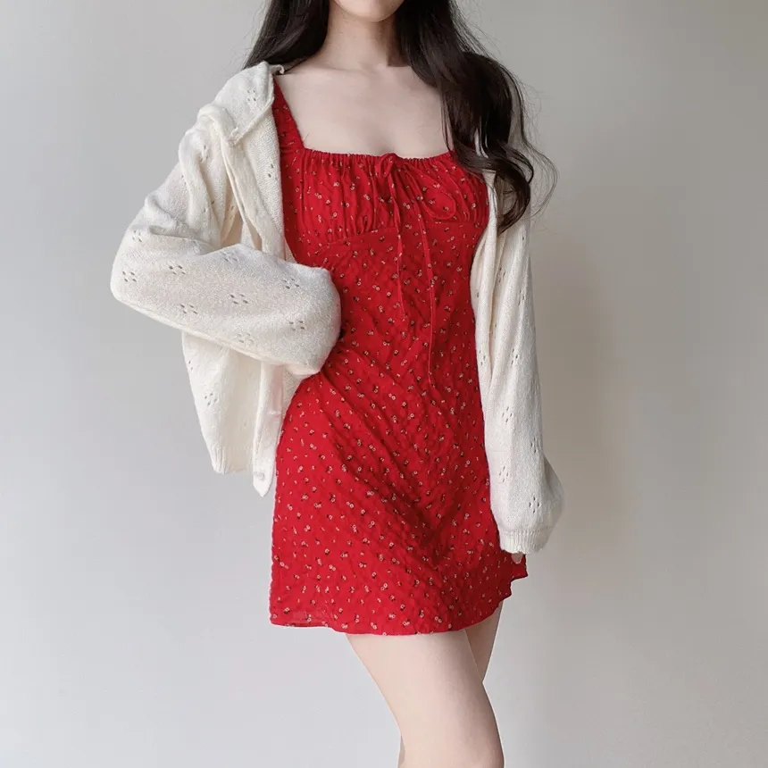 シャーリングパフスリーブ半袖ミニリボン小花柄ワンピース | mirangmirang | 詳細画像18