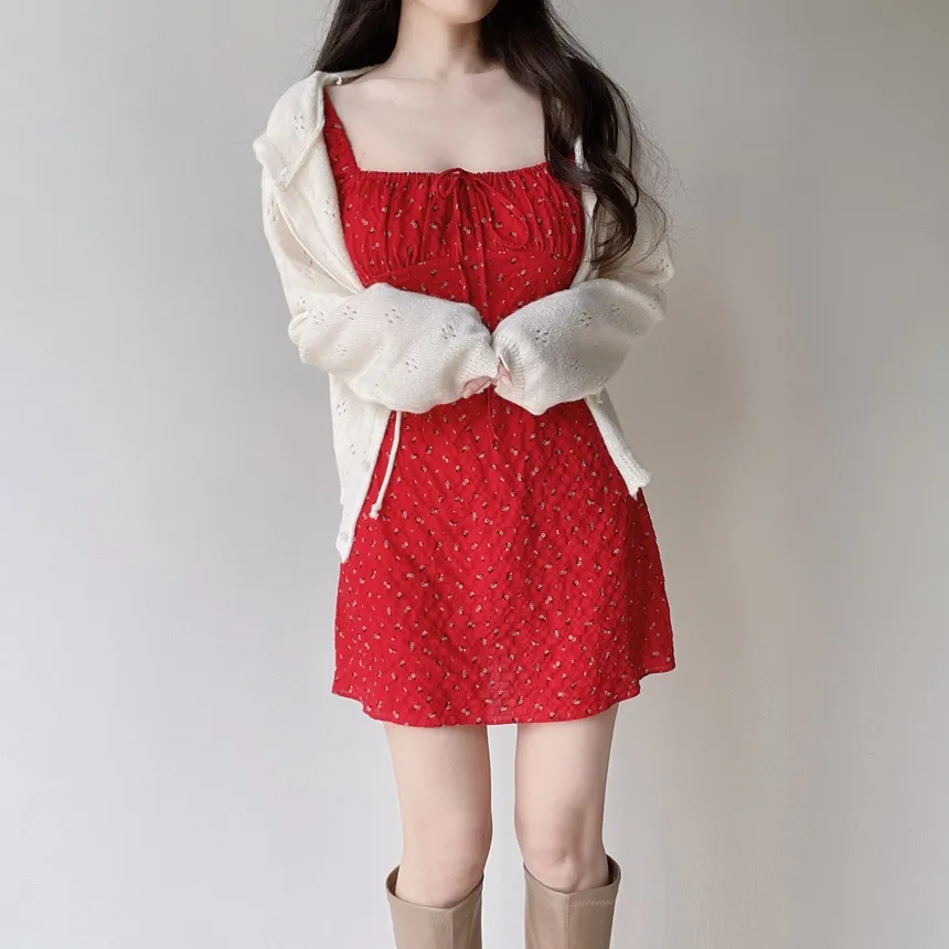 シャーリングパフスリーブ半袖ミニリボン小花柄ワンピース | mirangmirang | 詳細画像19