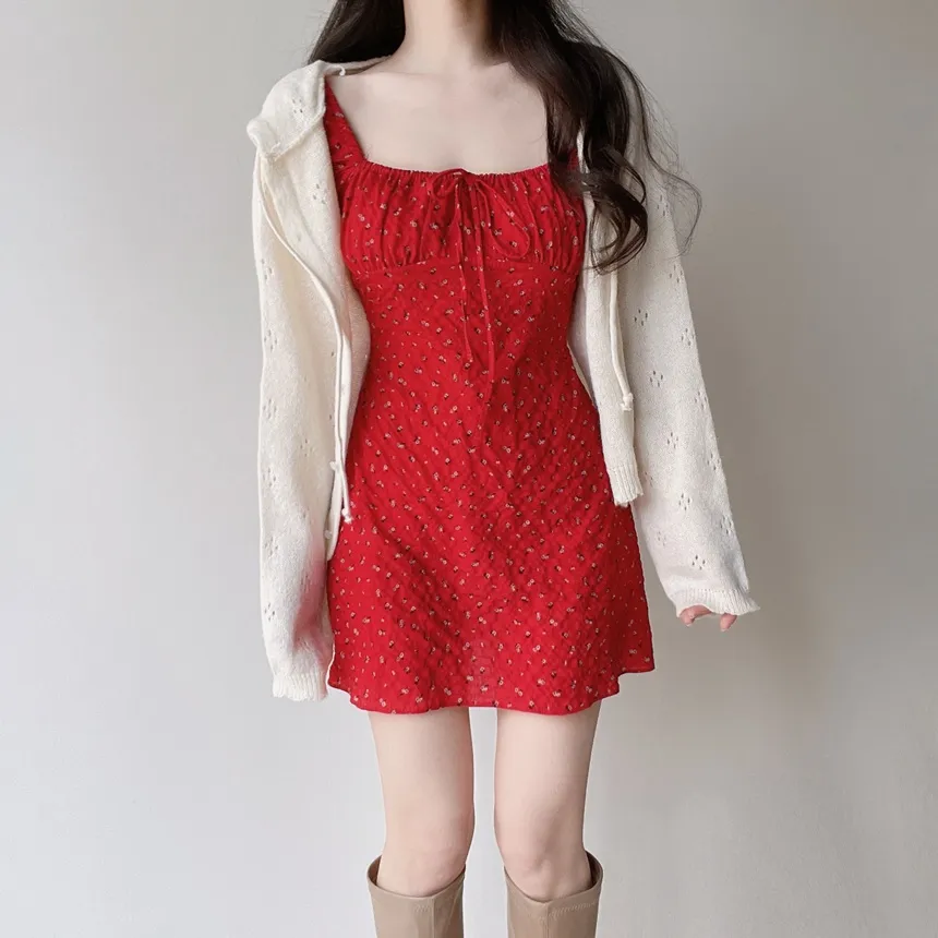 シャーリングパフスリーブ半袖ミニリボン小花柄ワンピース | mirangmirang | 詳細画像20