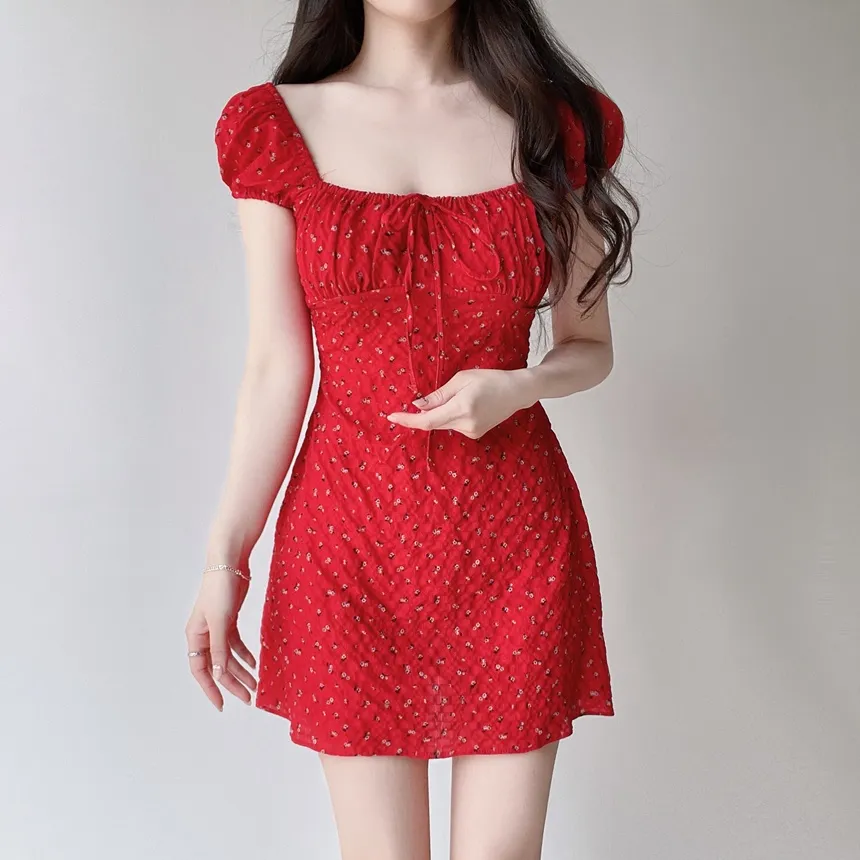 シャーリングパフスリーブ半袖ミニリボン小花柄ワンピース | mirangmirang | 詳細画像21