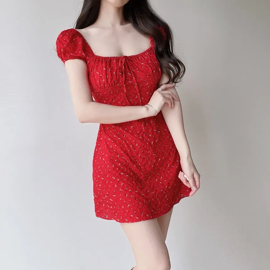 シャーリングパフスリーブ半袖ミニリボン小花柄ワンピース | mirangmirang | 詳細画像22