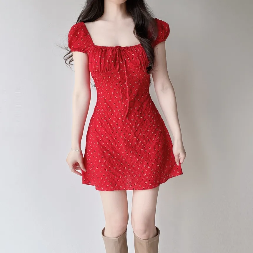 シャーリングパフスリーブ半袖ミニリボン小花柄ワンピース | mirangmirang | 詳細画像23