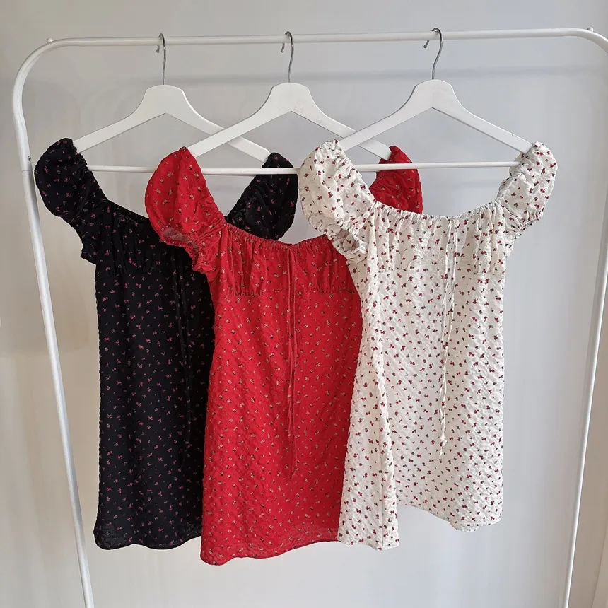 シャーリングパフスリーブ半袖ミニリボン小花柄ワンピース | mirangmirang | 詳細画像27