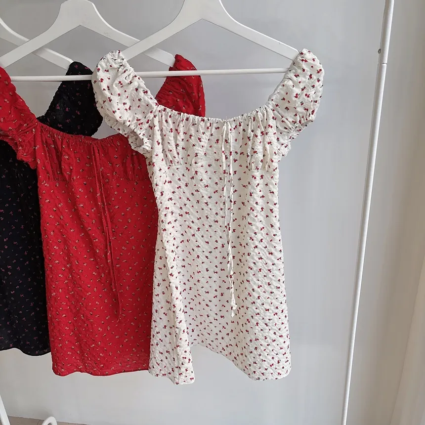 シャーリングパフスリーブ半袖ミニリボン小花柄ワンピース | mirangmirang | 詳細画像28