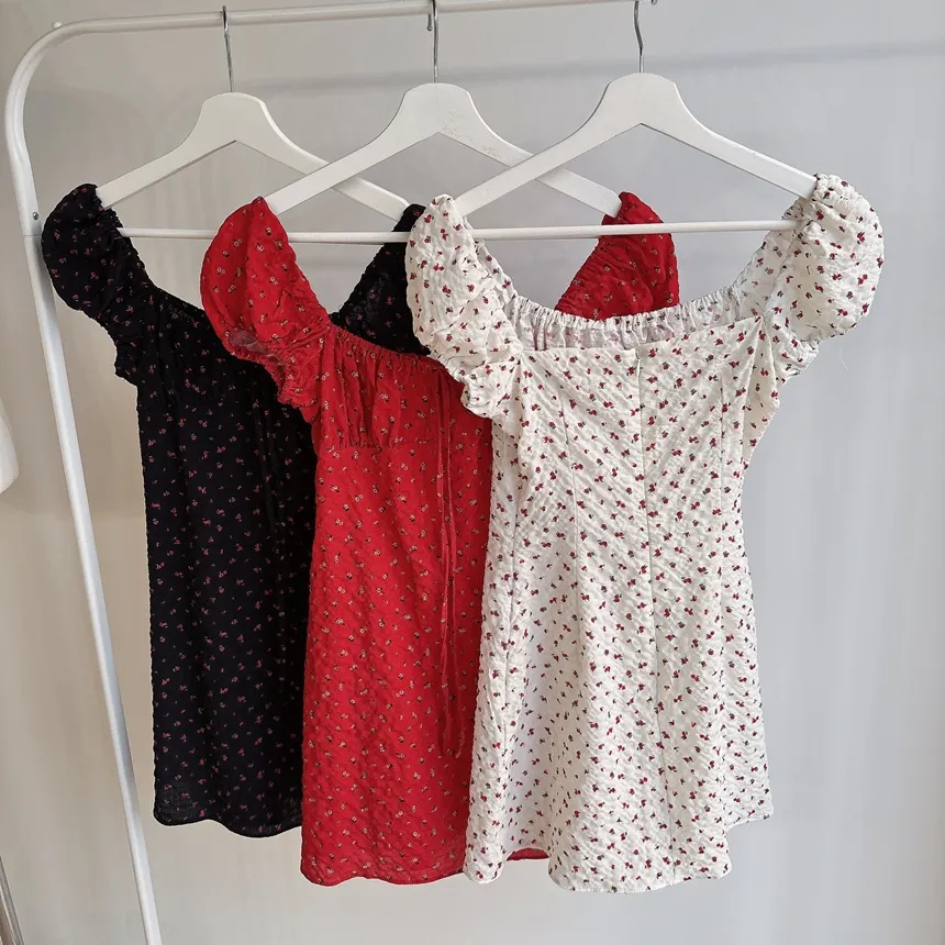 シャーリングパフスリーブ半袖ミニリボン小花柄ワンピース | mirangmirang | 詳細画像29