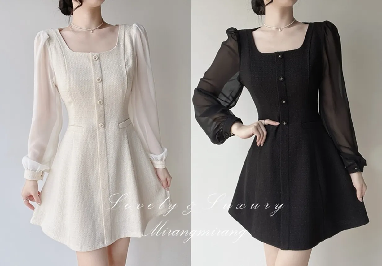 ツイードフレアスクエアネックパフスリーブ長袖フェイクポケットフェイクボタンワンピース | mirangmirang | 詳細画像1