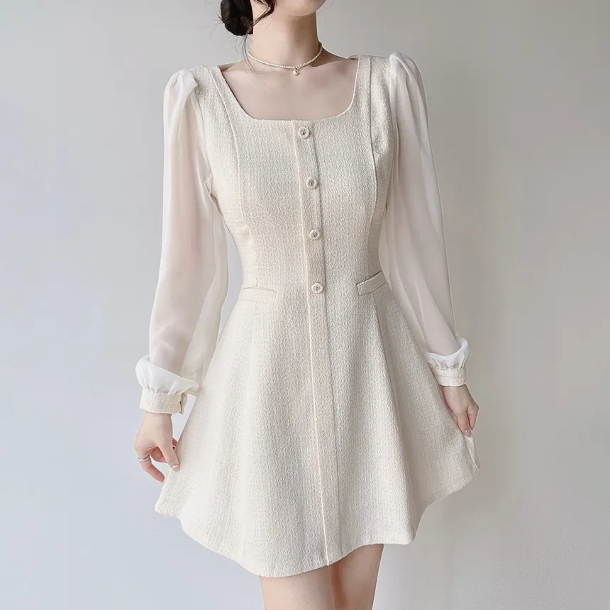 ツイードフレアスクエアネックパフスリーブ長袖フェイクポケットフェイクボタンワンピース | mirangmirang | 詳細画像2