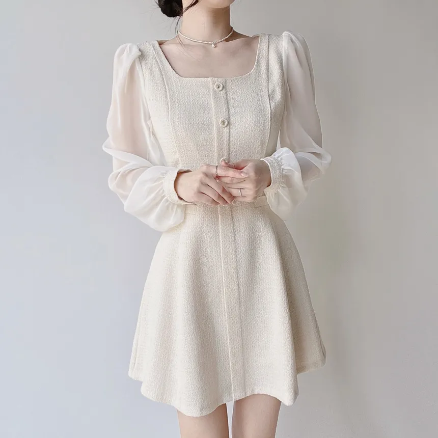 ツイードフレアスクエアネックパフスリーブ長袖フェイクポケットフェイクボタンワンピース | mirangmirang | 詳細画像3