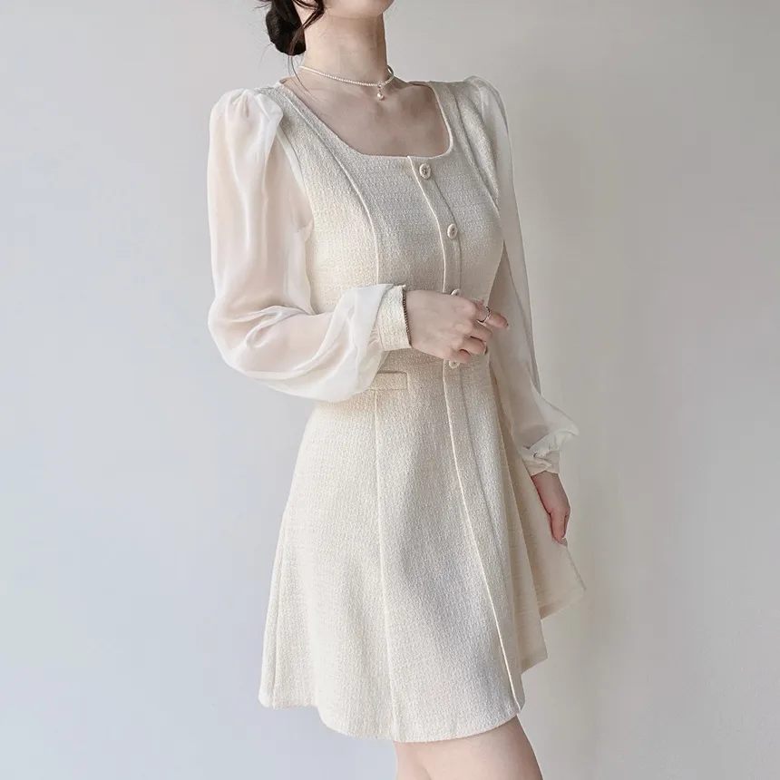 ツイードフレアスクエアネックパフスリーブ長袖フェイクポケットフェイクボタンワンピース | mirangmirang | 詳細画像4