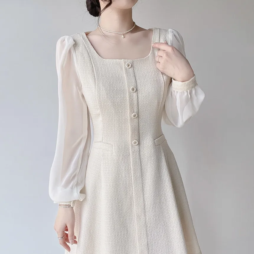 ツイードフレアスクエアネックパフスリーブ長袖フェイクポケットフェイクボタンワンピース | mirangmirang | 詳細画像5