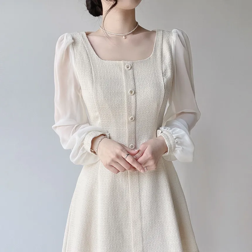 ツイードフレアスクエアネックパフスリーブ長袖フェイクポケットフェイクボタンワンピース | mirangmirang | 詳細画像6