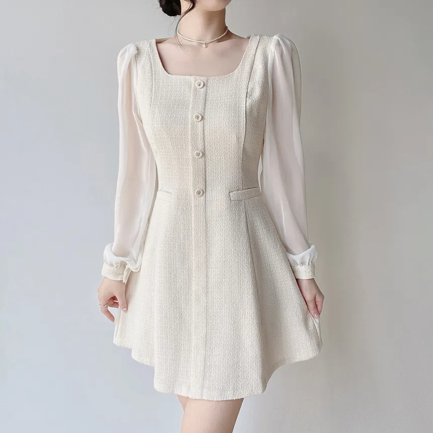 ツイードフレアスクエアネックパフスリーブ長袖フェイクポケットフェイクボタンワンピース | mirangmirang | 詳細画像7