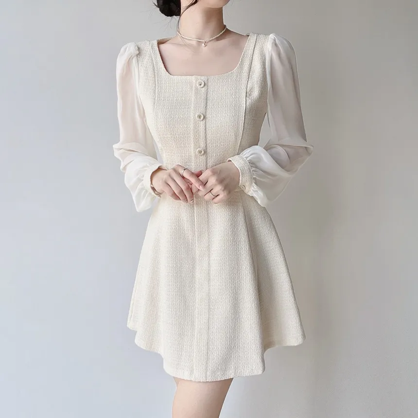 ツイードフレアスクエアネックパフスリーブ長袖フェイクポケットフェイクボタンワンピース | mirangmirang | 詳細画像8