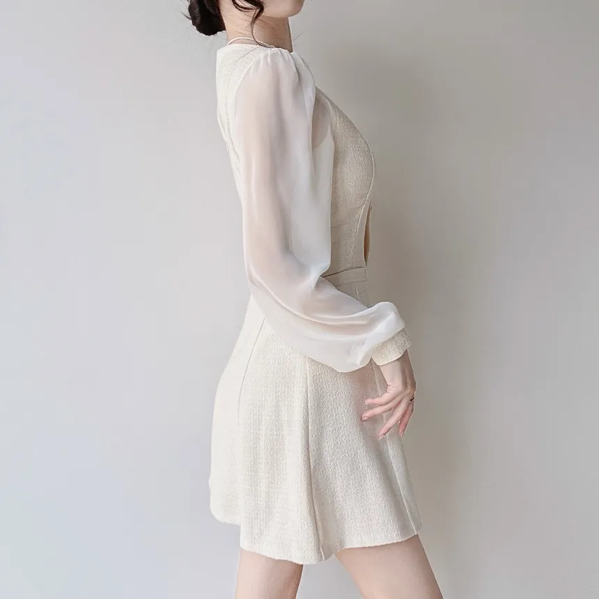 ツイードフレアスクエアネックパフスリーブ長袖フェイクポケットフェイクボタンワンピース | mirangmirang | 詳細画像9