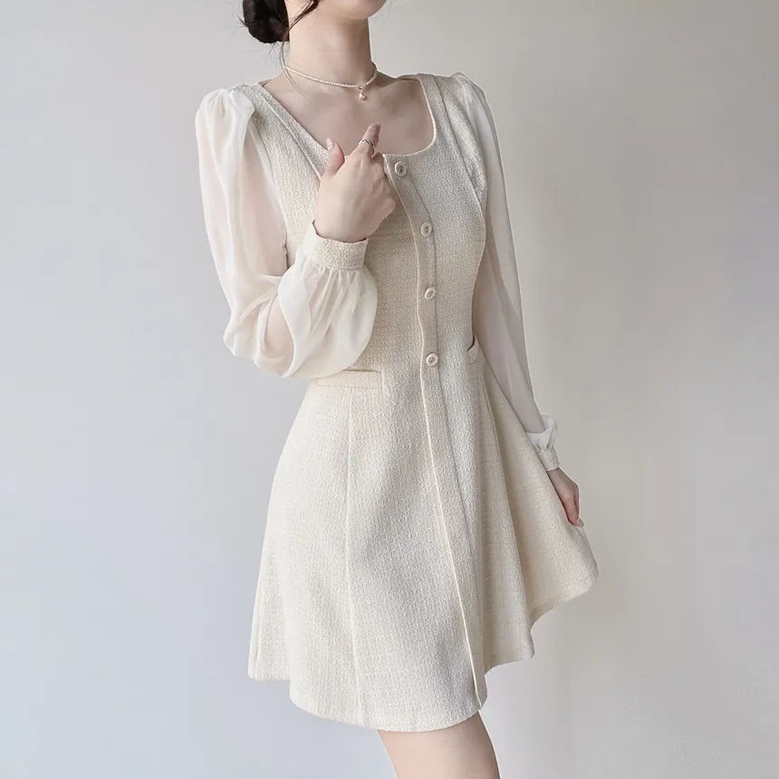 ツイードフレアスクエアネックパフスリーブ長袖フェイクポケットフェイクボタンワンピース | mirangmirang | 詳細画像10